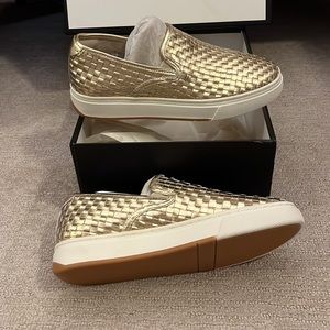 J slide gold woven leather Justine shoes. Brand new , never worn
